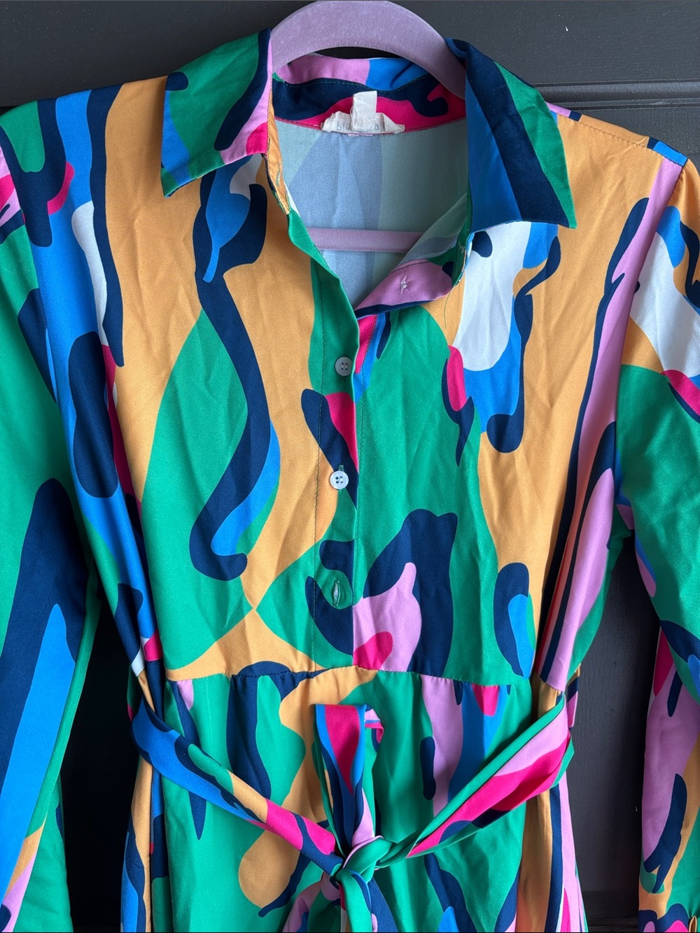 Vibrant Multicolor Midi Shirt Dress with Tie Waist - Picture 3 of 8